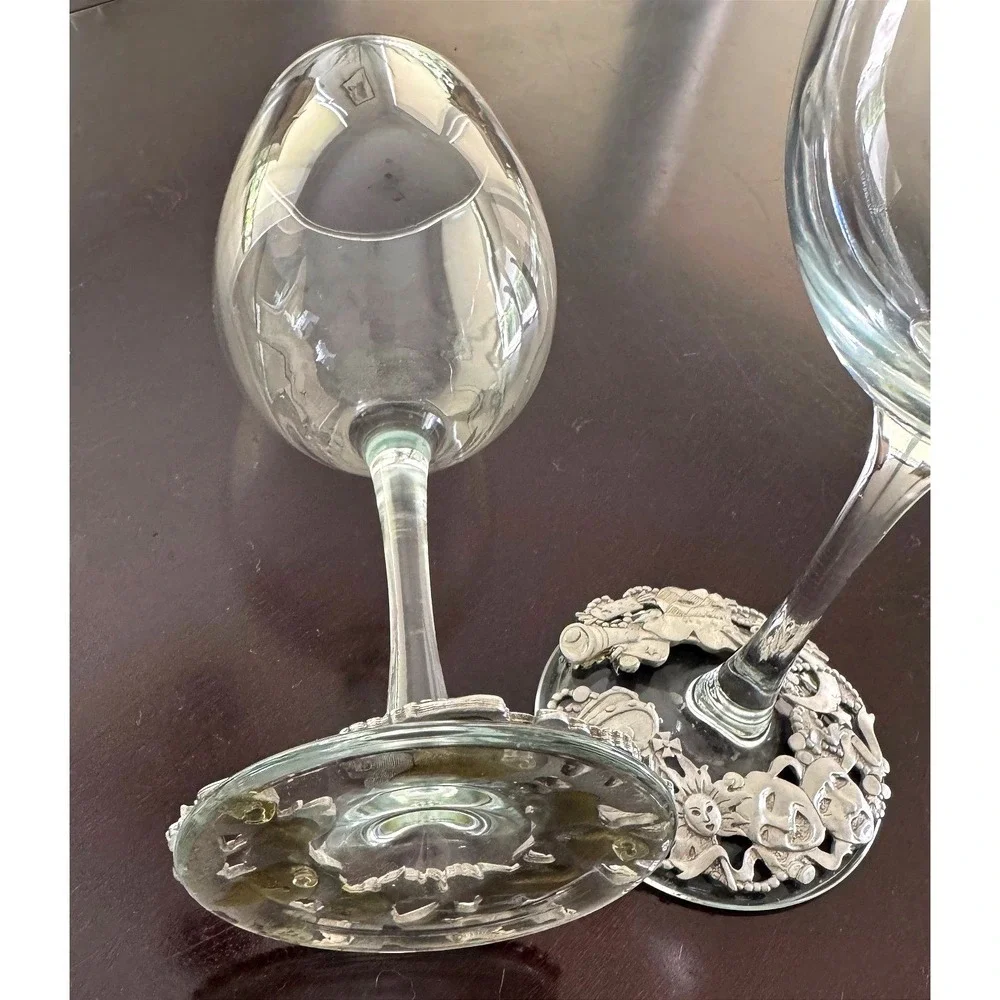 1990's Lindsay Claire Set of 2 Silver Pewter Base Wine Glasses Theater